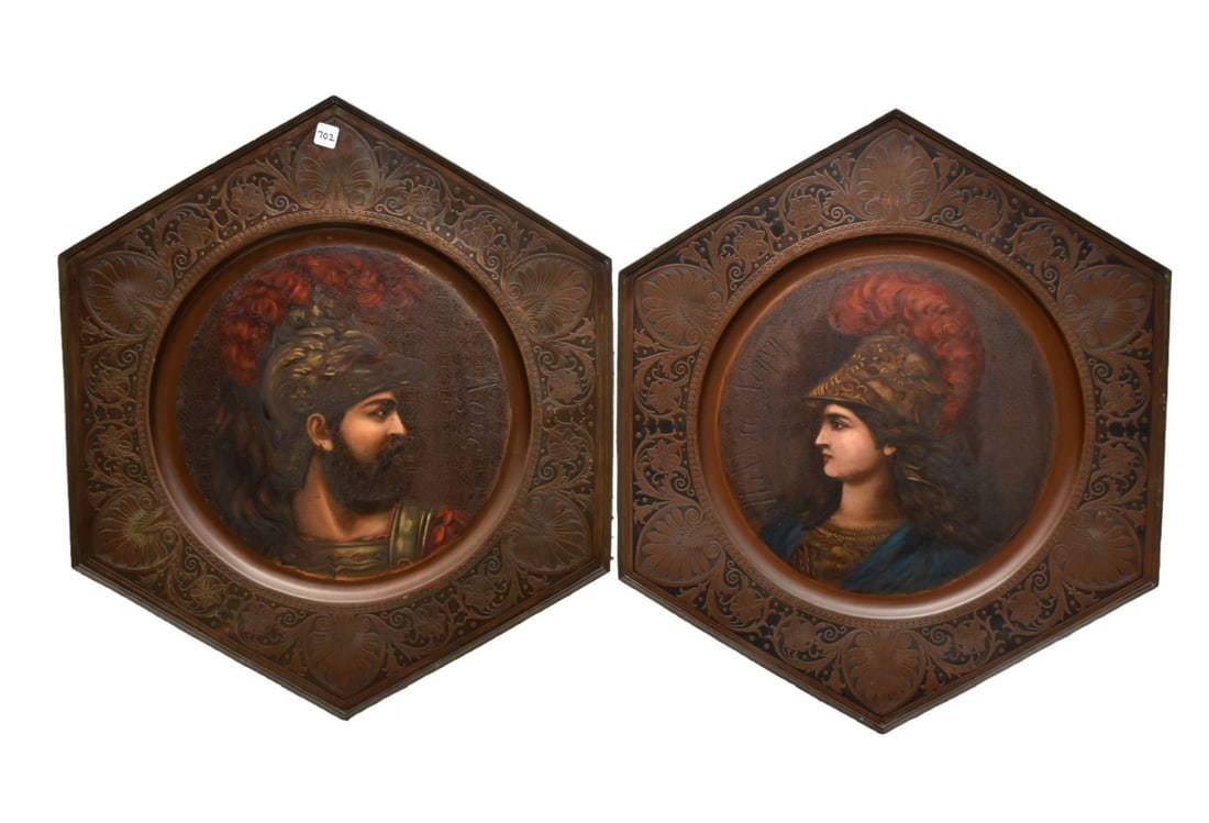 Two Antique Neoclassical Portrait Copper Plaques - Two large hexagonal copper plaques. Each with a (1 of 10)