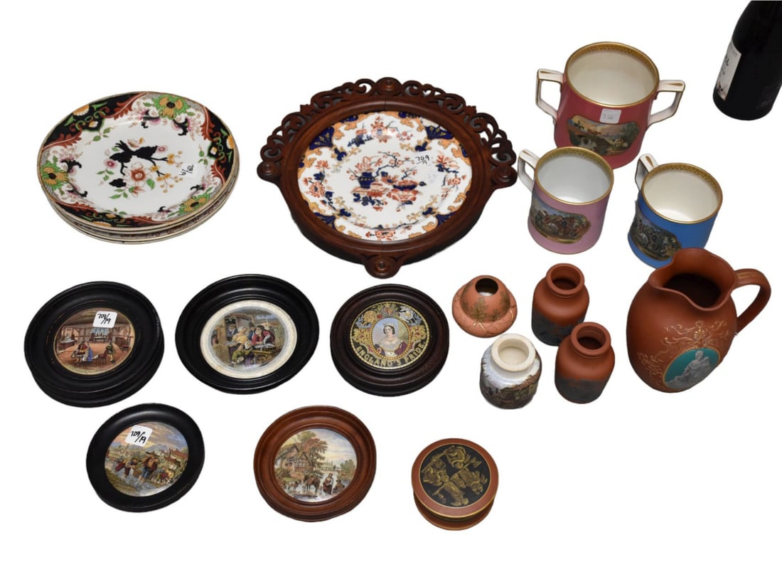 Lot of  Pratt Ware Mugs & Royal Doulton Plates, 19th c, 5 Framed Pratt Ware Lids & Framed Victorian (1 of 7)