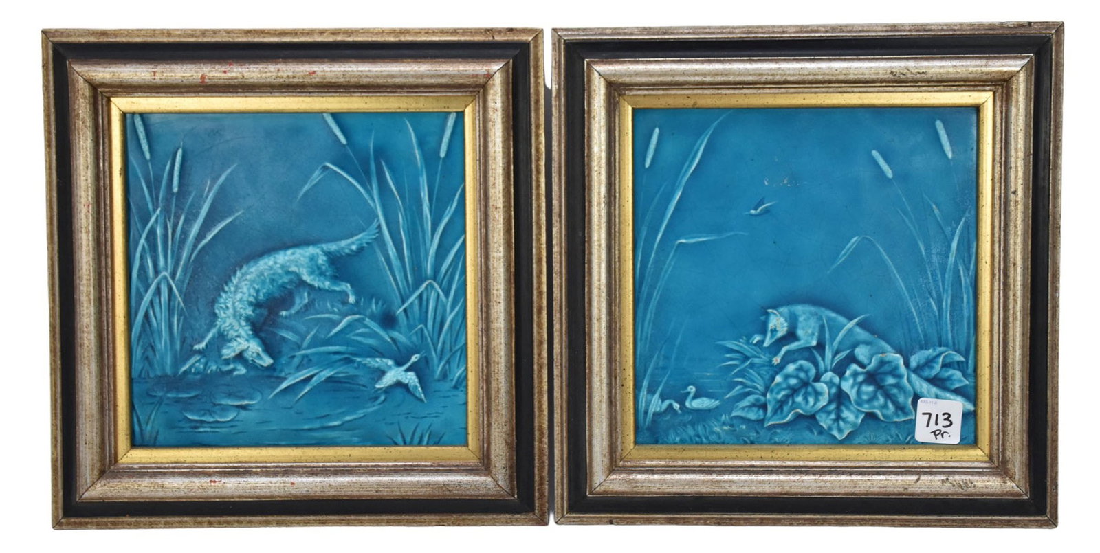 Pair Turquoise Wildlife Framed Antique Tiles, 19th c, 11" x 11" (1 of 3)