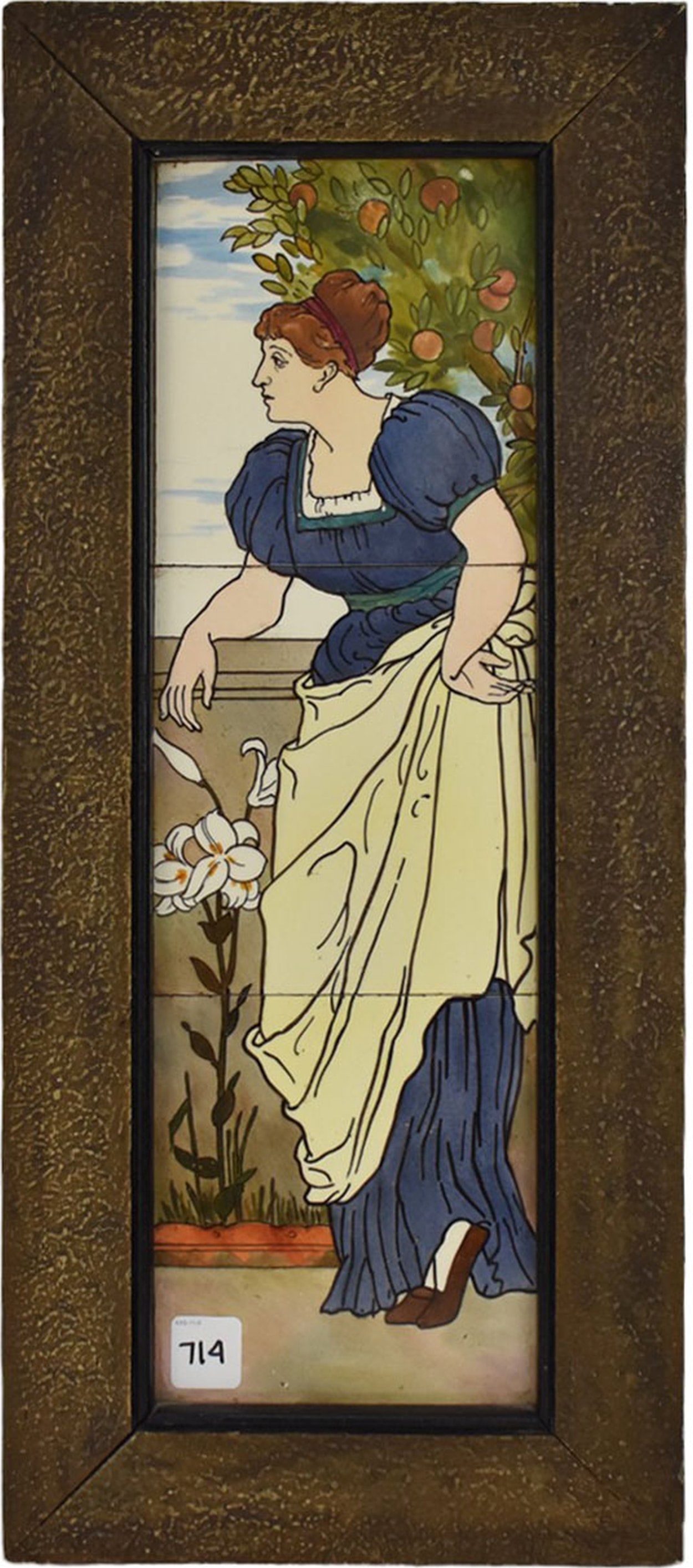 Minton Framed Colored Tiles, Stoke on Trent, Maiden Leaning on Wall, Orange Tree in Background, 21 (1 of 6)