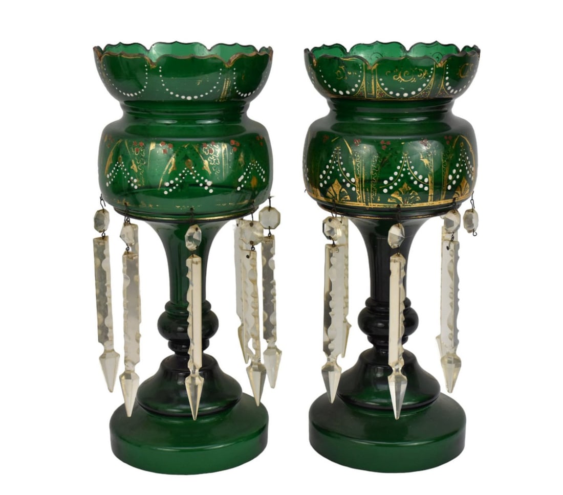 Pair Green Glass Antique Lusters, 15"h: Pair Green Glass Antique Lusters, 15"h