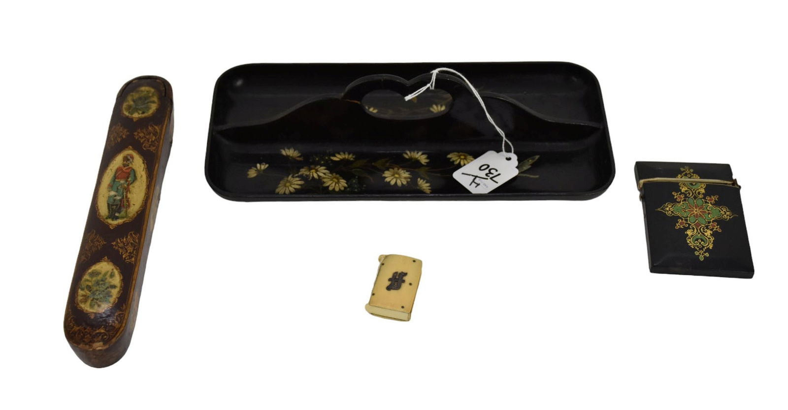 4 Lacquered Antique Objects d' Art, Tray, Card Holder (needs repair), Match Holder and Pen Holder (1 of 7)