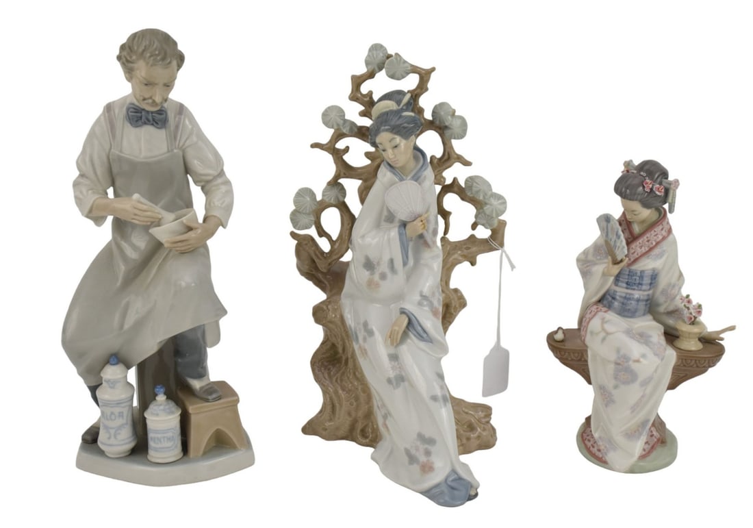 Three Lladro Spain Porcelain Figures - Group of Lladro porcelain figurines comprising: A) GEISHA, (1 of 6)