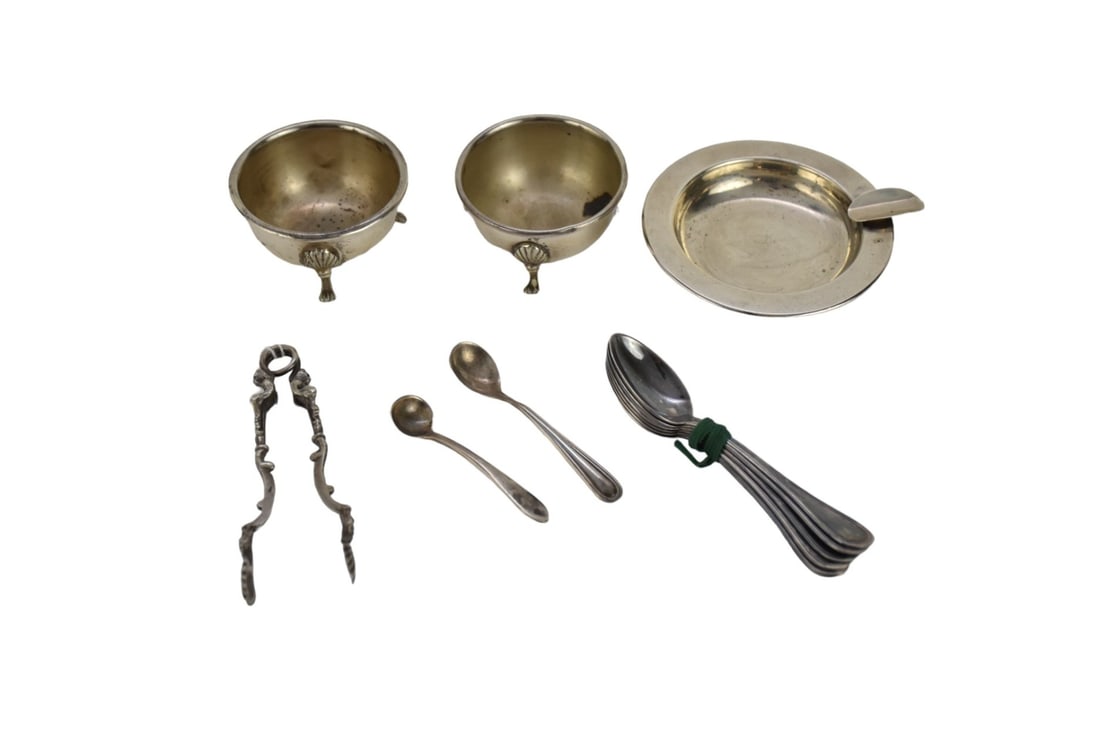 800 Silver Lot, Salts, Ashtray, Sugar Tongs and Demitasse Spoons (1 of 2)