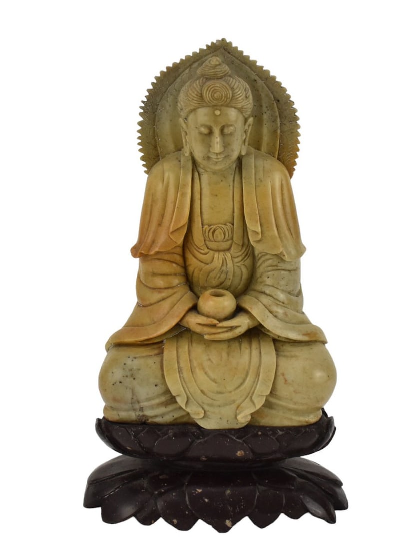 Chinese Soapstone Carving of the Buddha - A light brown soapstone carving of a seated Buddha with (1 of 6)