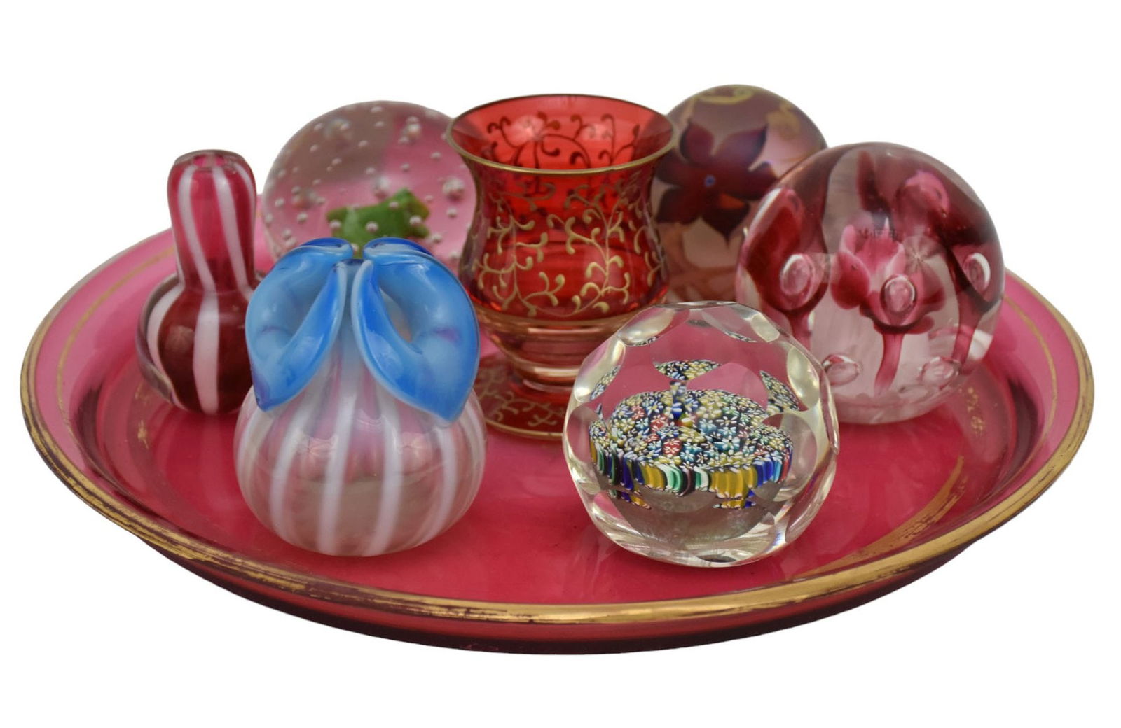 Cranberry Glass Victorian Circular Tray (13"dia) with 4 Assorted Paperweights an 3 Odd Pcs. Of Glass (1 of 6)