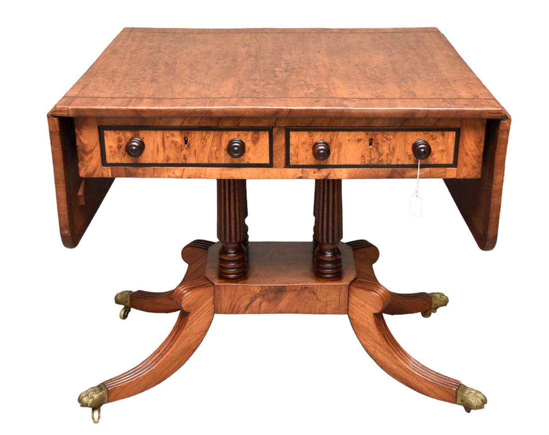 Gillows-made Regency pollard oak sofa table, second quarter 19th century, the banded rectangular top (1 of 6)