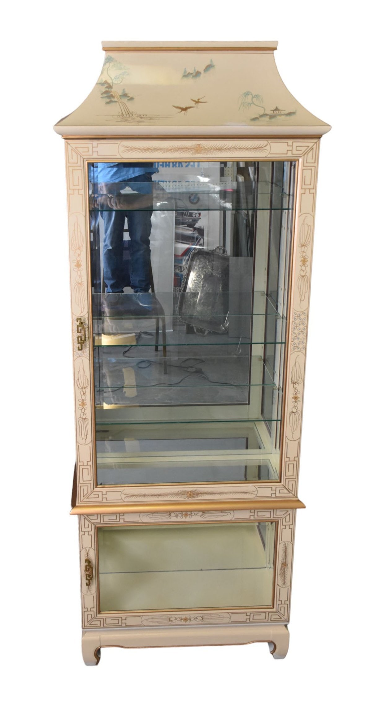 Modern Display Cabinet, Pagoda Top, Gilt Accents and 3 Glass Shelves, Approx. 78"h x 30"w x 17"d (1 of 7)
