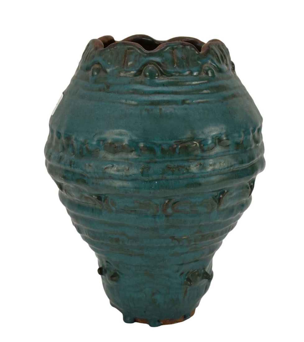 Studio Pottery Hand Turned Vase, Scalloped Edge, Turquoise Body, 13"h x 6"w opening (1 of 6)