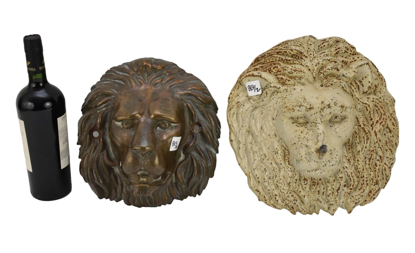 Painted Iron Decorated Lion Head (13"w) And Bronze Lion Head, 2 Holes for Mounting (5"h x 11"w): Painted Iron Decorated Lion Head (13"w) And Bronze Lion Head, 2 Holes for Mounting (5"h x 11"w)