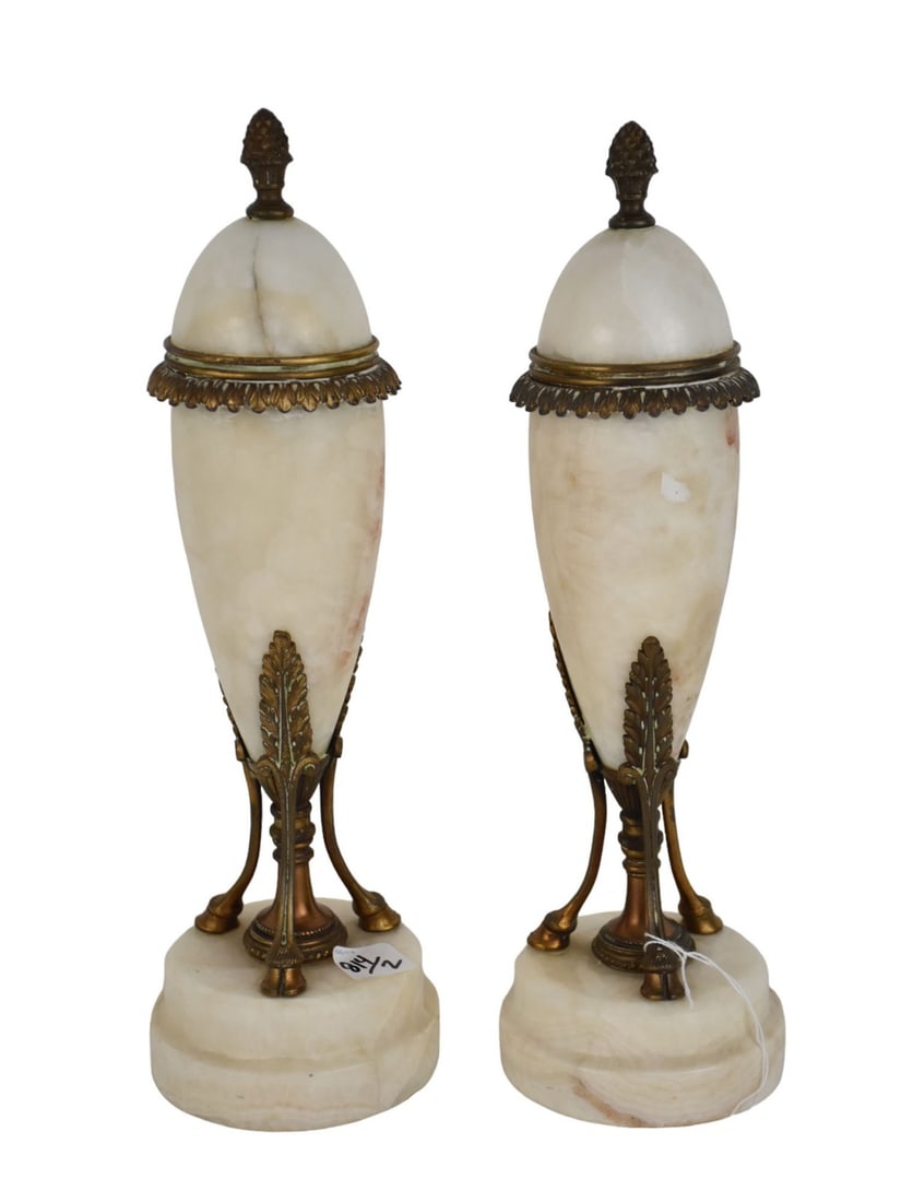 2 Marble Mounted Urns with Gilt Metal Accoutrements, 14"h (lids glued down): 2 Marble Mounted Urns with Gilt Metal Accoutrements, 14"h (lids glued down)