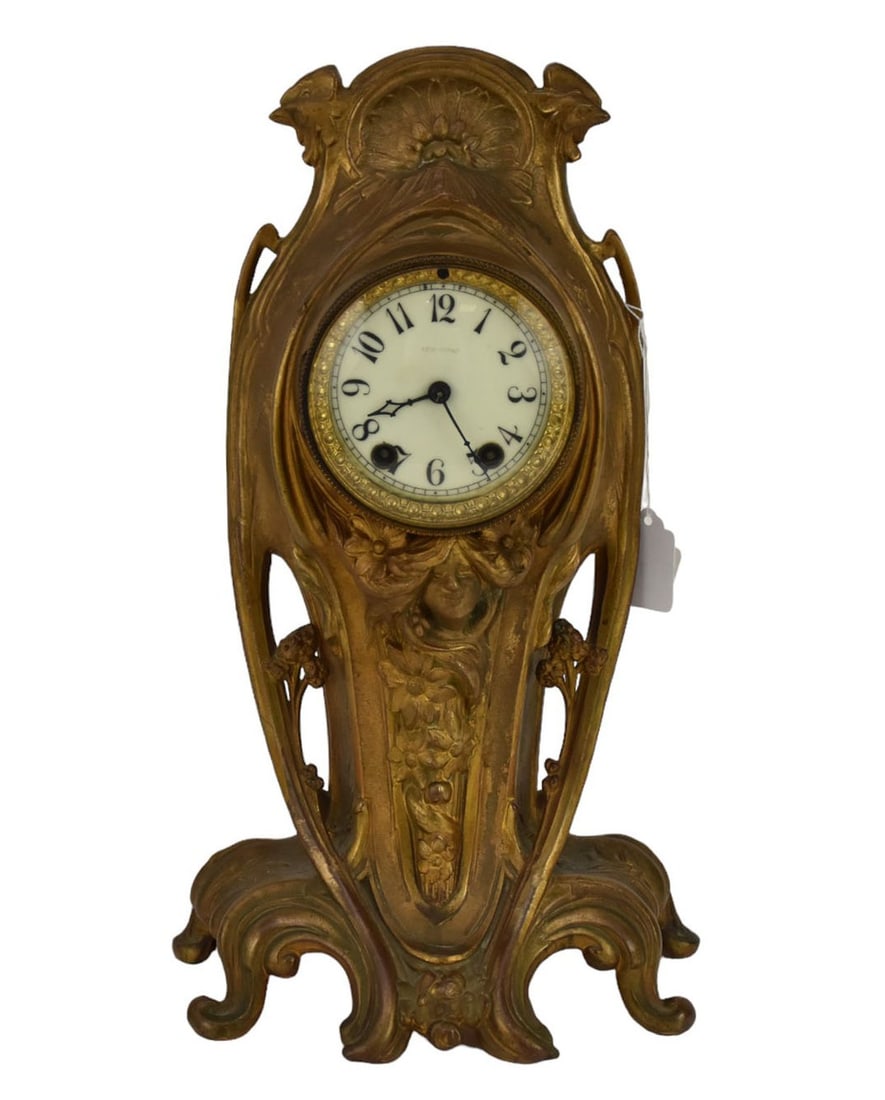 Bronzed Art Nouveau Clock, Enamel Face, 15"h x 9 1/4"w (1 of 7)