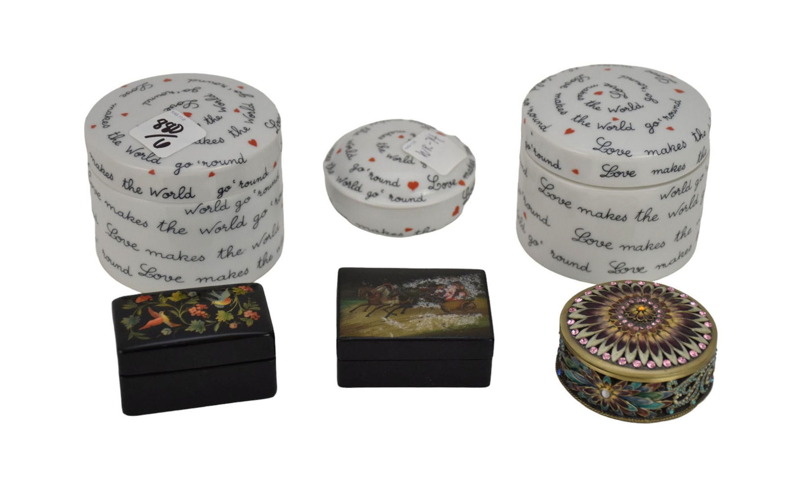 Lot of 6 Trinket Boxes, 3 Decorative Ceramic Covered "Love", 2 Small Lacquered Russian and 1 Jeweled (1 of 10)