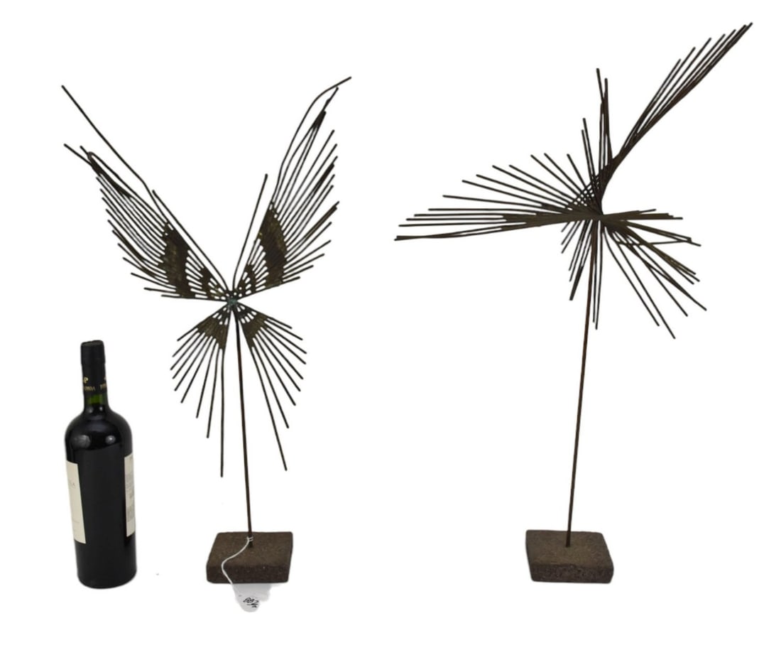 2 Wire Abstract Objects on Stone Base, Curtis Jere style. 23"h tallest (1 of 8)