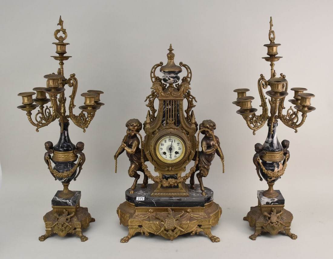 Gilt Bronze & Marble 3pc. Garniture Set, 5 Light Candelabra with Angel Mounts & Lyre Form Clock with (1 of 10)