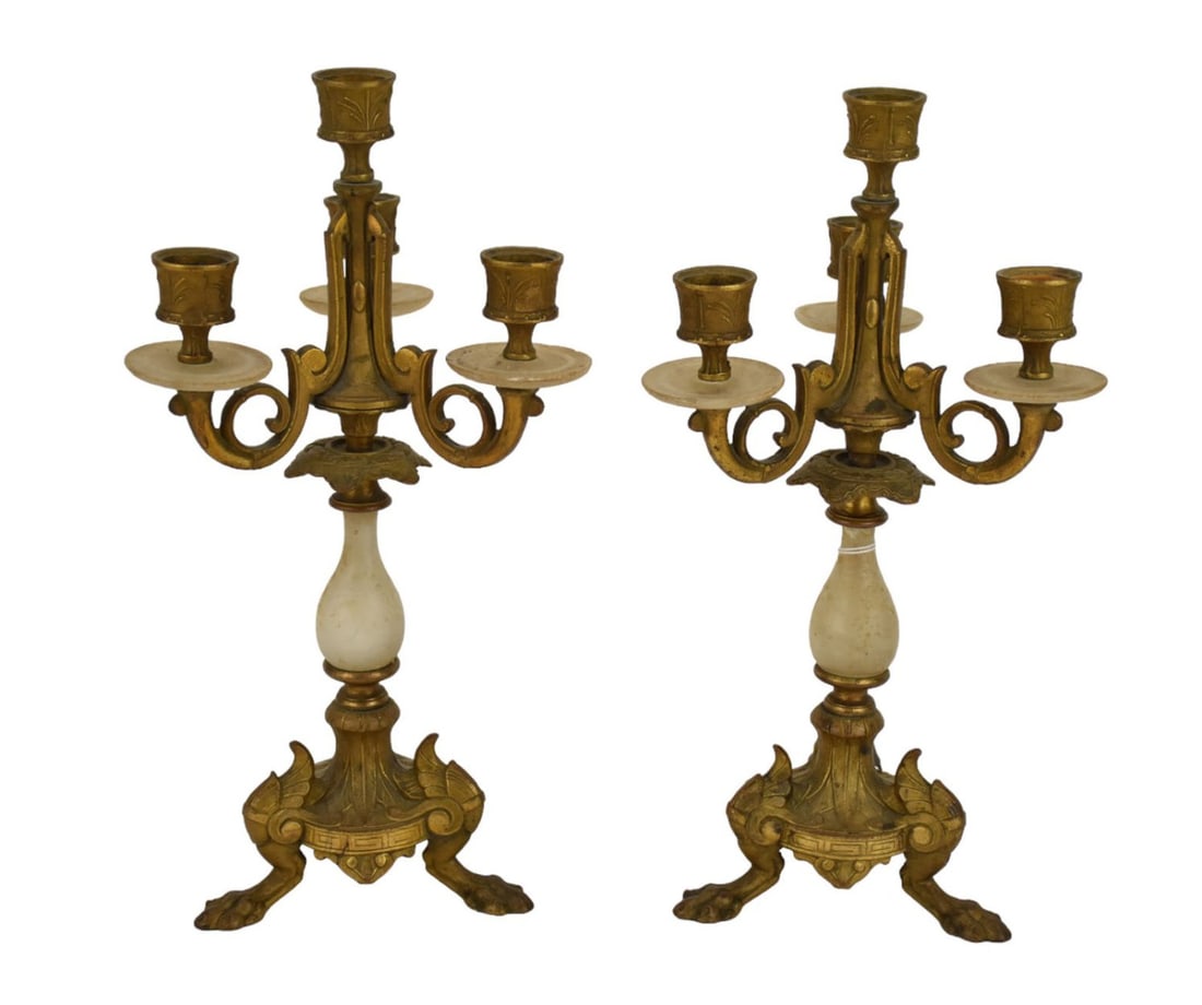 Pair Onyx & Bronze 3 Branch Candelabras  13"h (1 of 5)
