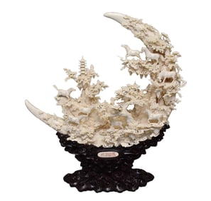 A Fine Monumental Chinese Carved Bone Sculpture 'Eight Horses' Motif - A monumental ornate bone