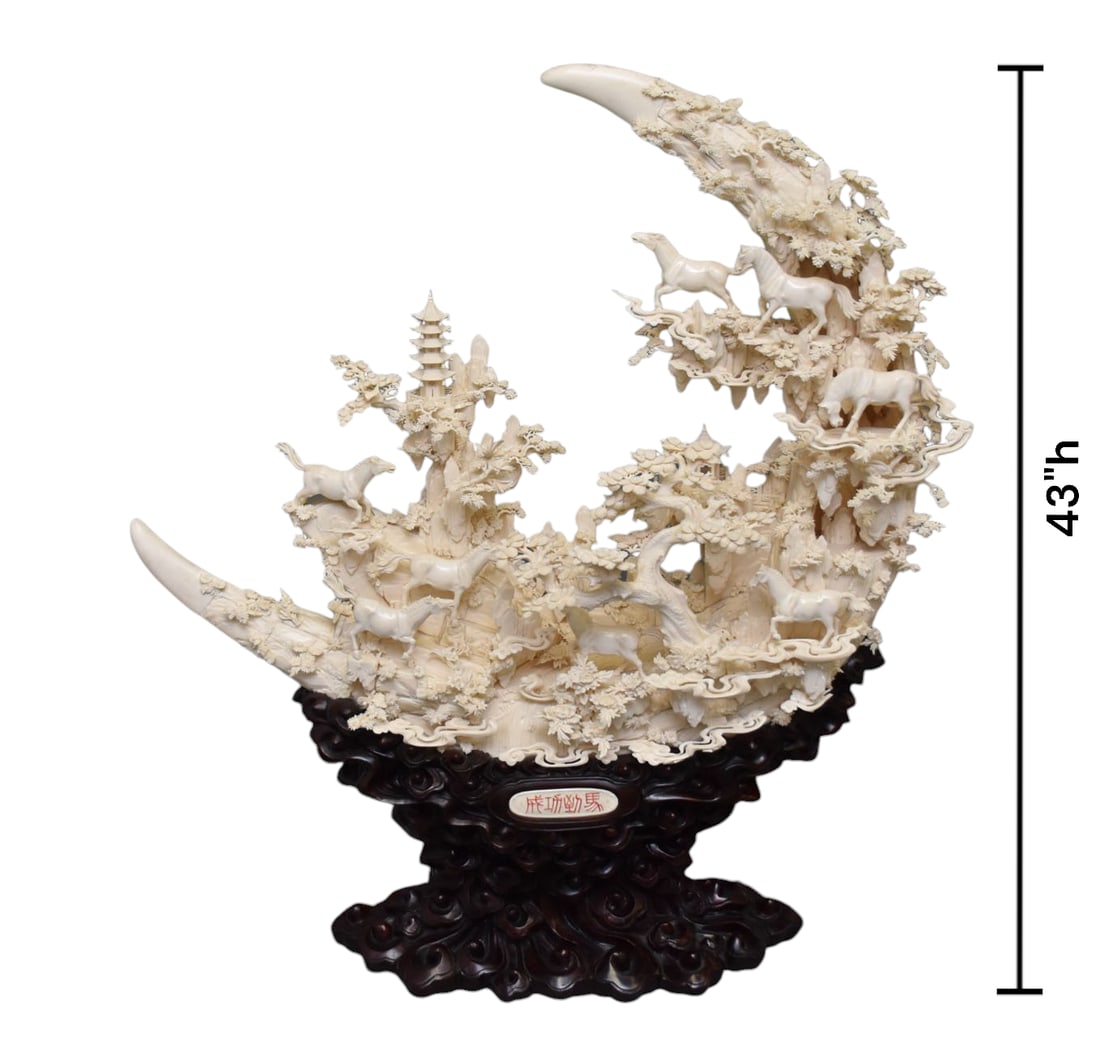 A Fine Monumental Chinese Carved Bone Sculpture 'Eight Horses' Motif - A monumental ornate bone