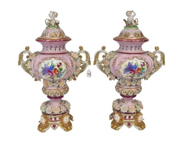 Pair of Meissen-Style Porcelain Urns, 20th Century - A pair of large German porcelain double handled
