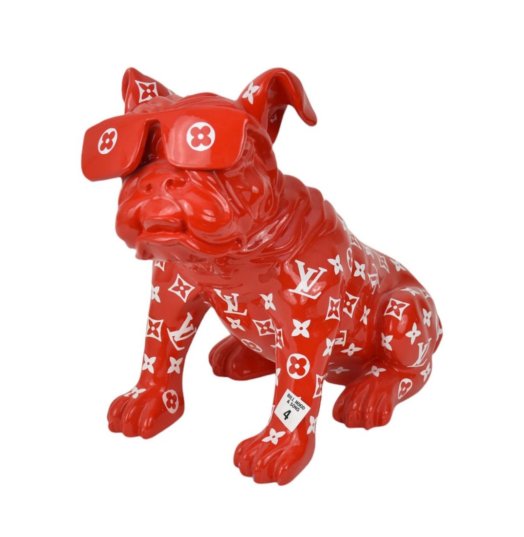 Red Bulldog LV Sculpture - A decorative composite sculpture of a bulldog wearing sunglasses, red (1 of 9)