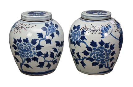 Large Blue & White Jardinieres, Porcelain, 16" h x 6" dia opening