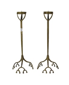 Pair of Tiffany Studios-Style Brass "Root" Candlesticks - A pair of patinated tall solid brass,
