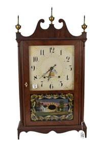 19th C. American Shelf Clock, Fine Mahogany Shaped Case with Tin Face over Eglomise Panel with