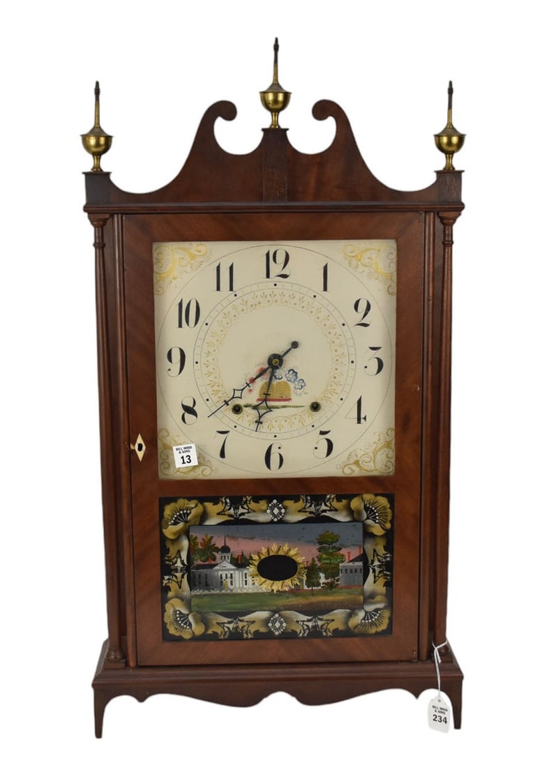 19th C. American Shelf Clock, Fine Mahogany Shaped Case with Tin Face over Eglomise Panel with (1 of 10)