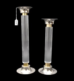Set of Two MCM Lucite Columnar Candleholders - A set of two candleholder with clear Lucite stems,