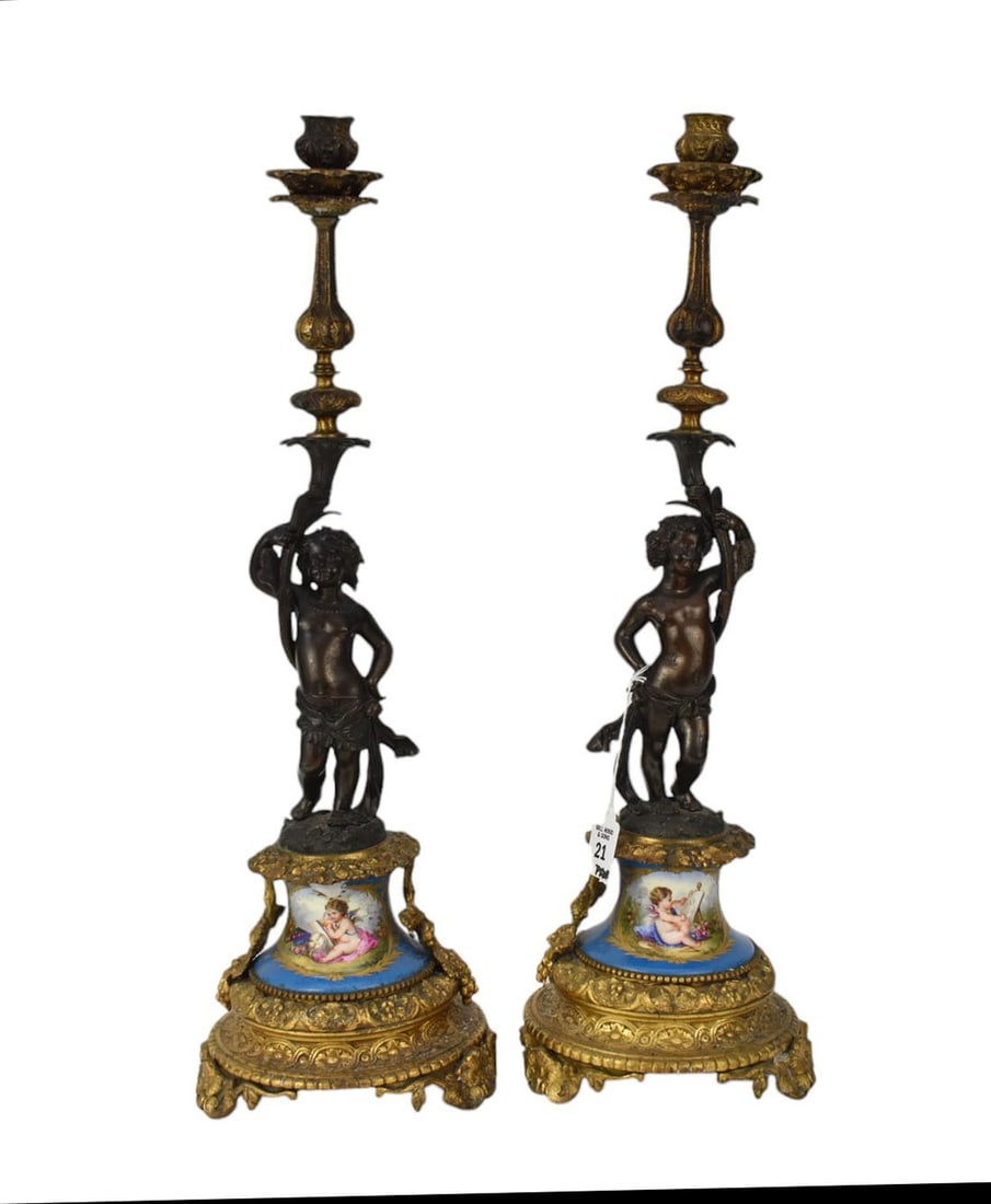 Pair 19th Century French "Sevres" Bronze Figural Putti Candlesticks - A pair of antique figural (1 of 9)