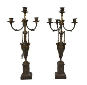 Pair Antique Neoclassical Patinated Metal Four-Light Candelabras - A pair of four light candelabras