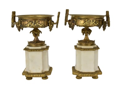 Pair Italian Bronze Tazzas - A pair of gilt bronze tazzas with white marble raised columnar base
