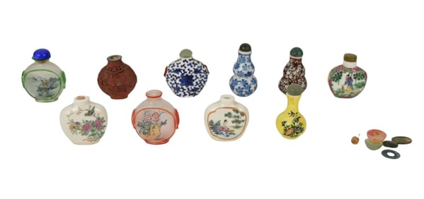 Group of 10 Chinese Snuff Bottles - A collection of ten Chinese snuff bottle of porcelain, cinnabar,