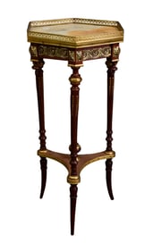 Hexagonal Occasional Table, Pierced Gallery Rim on 3 Reeded Tapered Legs & Brass Accoutrements, 32"h