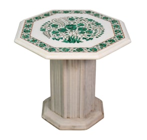 Octagonal 2pc.. Occasional Table, Column Marble Pedestal & Top with Malachite and Inlay Floral