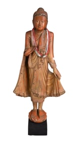 Standing Quan Yin Carved Wood with Carving & Beaded Decoration, 55"h