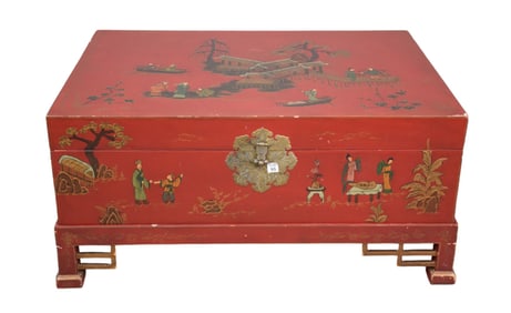 2pc. Red Chinese Style Coffee Table Chest, hinged lid chest with stand, 18 1/4" h x 38 5/8" w x 28