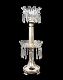 A Silverplate & Cut Glass Mantle Luster Lamp Assemblage - A mantel luster assembled (marriage) from