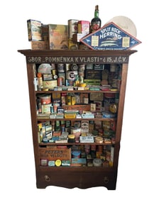 Antique Display Cabinet with Collection of American Antique & Vintage Advertising Tin & Paper