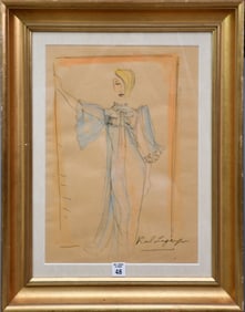 Karl Lagerfeld (1933-2019) watercolor on paper, Fashion Drawing, small crease in paper, approx. 15