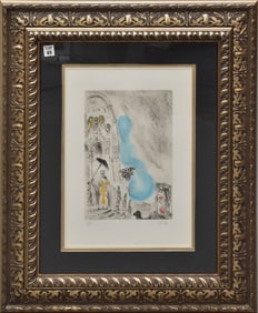 Marc Chagall, Hand colored etching - Solomon Greets The Queen Of Sheba" pencil initial