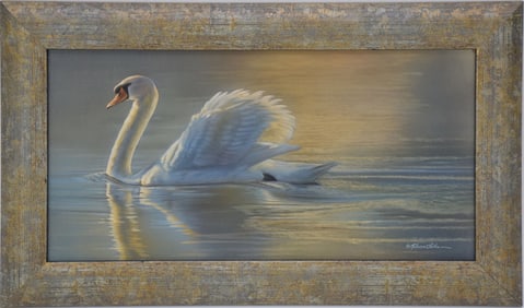 Rebecca Latham (American, b.1979) watercolor and sterling silver , "Warm  Shimmer - Mute Swan", 8" x