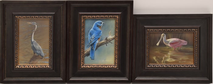 Rebecca Latham (American, b.1979) 3 watercolors on board, "Summer Blues - Eastern Bluebird", "Sunny