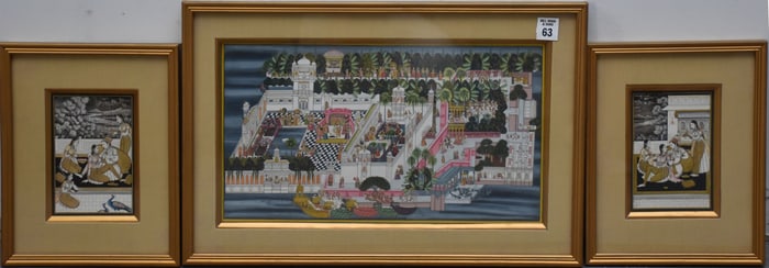 Set of 3 Indian Miniature paintings, watercolor, large one is 8 1/2" x 15 1/2" sight, 12 1/4" x 19