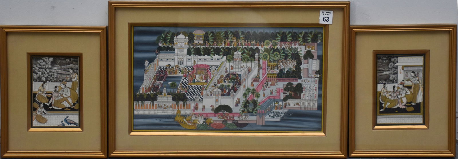 Set of 3 Indian Miniature paintings, watercolor, large one is 8 1/2" x 15 1/2" sight, 12 1/4" x 19: Set of 3 Indian Miniature paintings, watercolor, large one is 8 1/2" x 15 1/2" sight, 12 1/4" x 19 1/4" overall, smaller ones are 5 3/4" x 3 3/4" sight, 10 1/2" x 8 1/2" overall