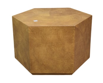 Hexagonal Snakeskin Side Table, Gold Color with Glass Top, 15"h x 22"w