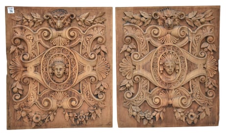 Pair Carved Wood Panels, 21"h x 18"d