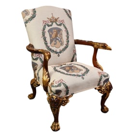 Throne Chair with Tapestry Type Regal Upholstery, Eagle Head Gilded Hand Rests, Lion Head Carved