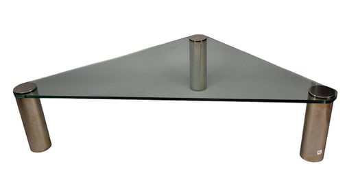 Pace coffee table, triangular glass top over 3 chrome cylinder legs, Glass top is 53"L x 46"W