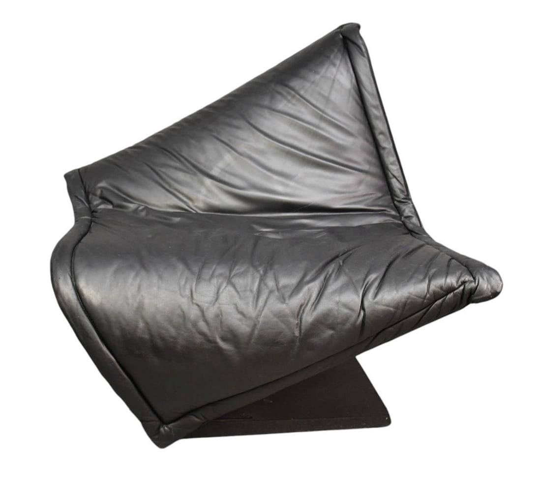 "Flying Carpet" Chair Simon DeSanta for Rosenthal, c. 1988 - black leather, enameled metal, Germany.: "Flying Carpet" Chair Simon DeSanta for Rosenthal, c. 1988 - black leather, enameled metal, Germany. Label at base. Approximately 40" h x 56" w.